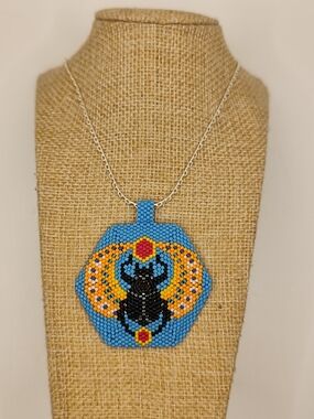 Handmade Blue Beaded Scarab Necklace - Artisan Women’s Jewelry